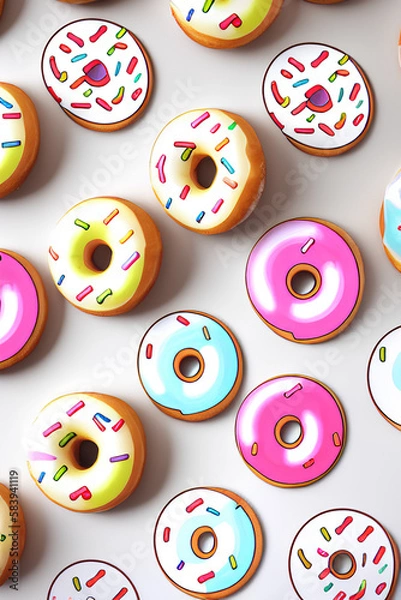 Obraz Colorful Donuts Flat Lay On A Plain Color Background created with generative ai technology