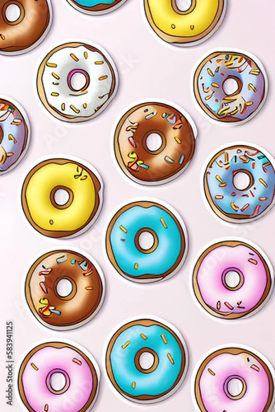 Obraz Colorful Donuts Flat Lay On A Plain Color Background created with generative ai technology