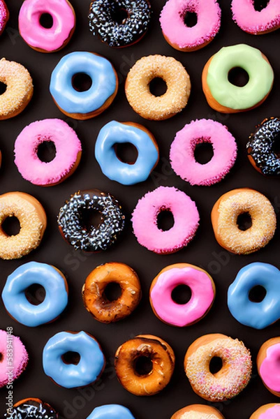 Obraz Colorful Donuts Flat Lay On A Plain Color Background created with generative ai technology