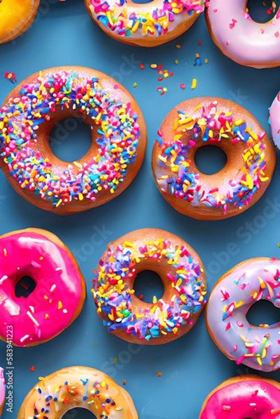 Fototapeta Colorful Donuts Flat Lay On A Plain Color Background created with generative ai technology