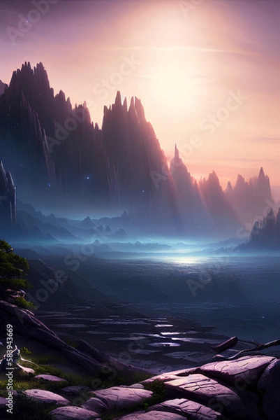 Fototapeta Breathtaking Beautiful Alien Fantasy Landscape Of An Unknown Planet At Night, created with generative ai technology