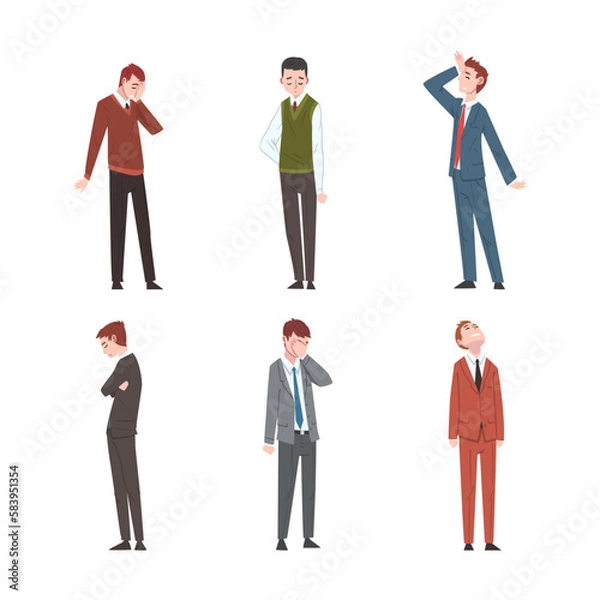 Fototapeta Sad and Frustrated Business Man Character or Unhappy Office Worker Standing with Hang Head Vector Set