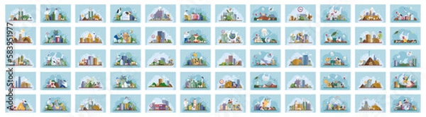 Fototapeta Waste and recycle set. Contains concepts trash, plastic, paper, bottle, can dumpster, factory, truck, food, garbage, glass pollution. Metaphor waste pollution. Different types of garbage and waste