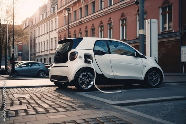 Fototapeta Modern car at standalone electric vehicle charging station. Generative AI Technology.