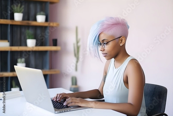 Fototapeta Young beautiful african american business woman with multicolored hair sitting working with laptop in cafe or office at home online working remotely concept Generative AI