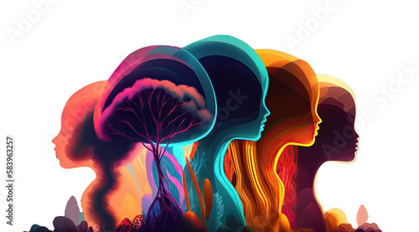 Fototapeta Abstract background with silhouettes of women's faces on a grid. Generative ai illustration