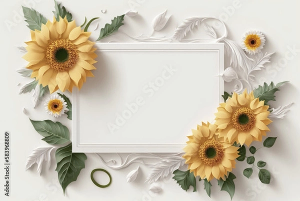 Fototapeta Wildflower sunflower floral frame ,hulthemia, rosa. Aquarelle wild flower for background, texture, wrapper pattern, frame or border.generative ai
