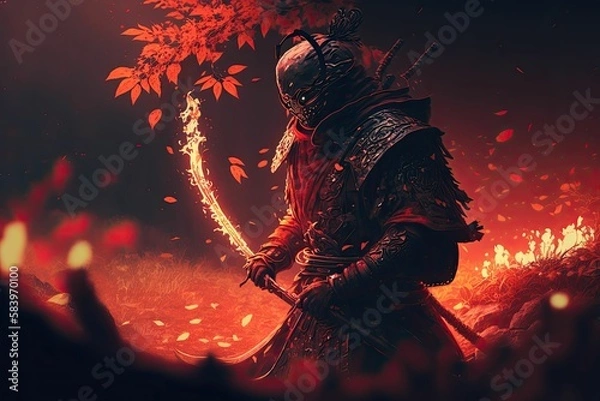 Fototapeta A samurai in a demonic red mask. Generative AI.
