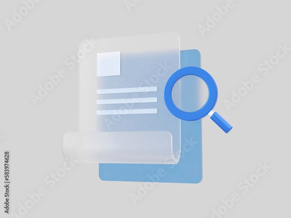 Obraz 3D document with magnifying glass. Glassmorphism style. 3d render illustration.