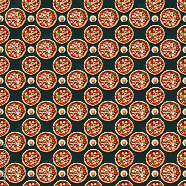 Fototapeta Several pizzas on the surface with ingredients: mushrooms cheese spices