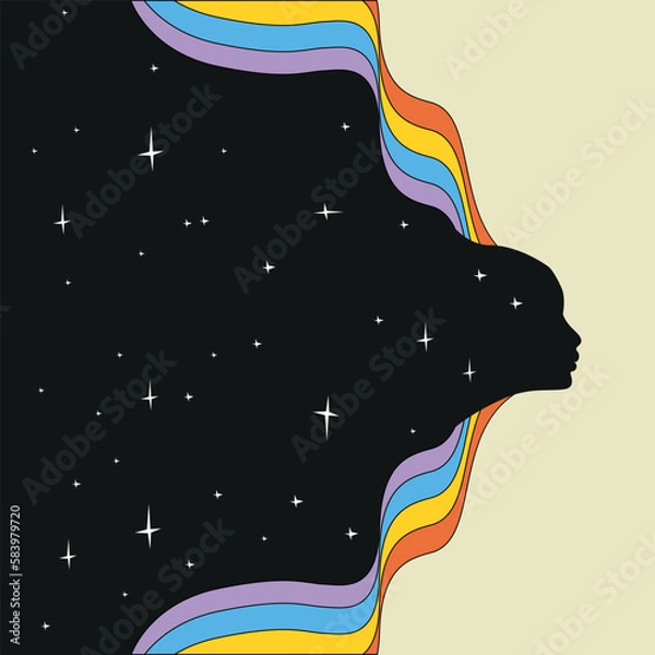 Obraz Psychedelic cool vintage background with cosmos, and the face of a cosmic personality. Psychedelic hippie style from the 60s-70s. vector illustration.