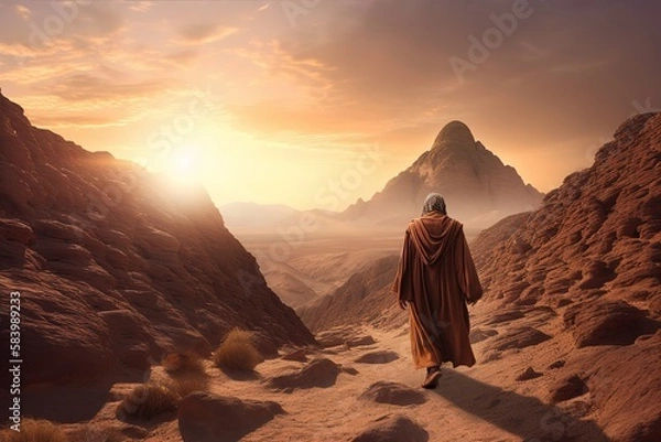 Fototapeta Moses in the Wilderness The biblical Moses walks through the Sinai desert, a wilderness area, in search of the Promised Land Good Friday. Generative AI