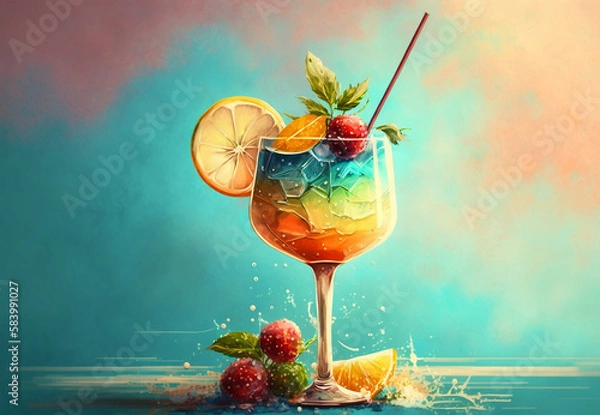 Obraz Tropical summer cocktail, illustration. Summer cocktail painting with tropical fruits. Watercolor coktail. Generative AI 