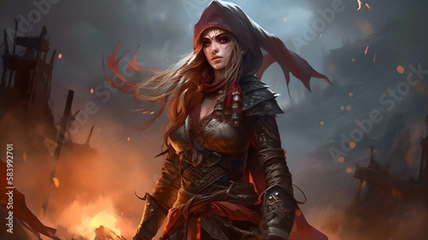 Fototapeta fantasy female character in a cool background (ai generated)