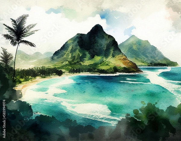 Obraz Watercolor tropical hawaiian landscape with ocean beach and mountains. Concept for National Hawaii Day or Statehood Day. Generative AI
