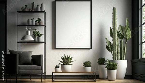 Fototapeta blank picture frame mockup on a wall vertical frame mockup in modern minimalist interior with plant in trendy vase on wall background, Template for painting, photo or poster