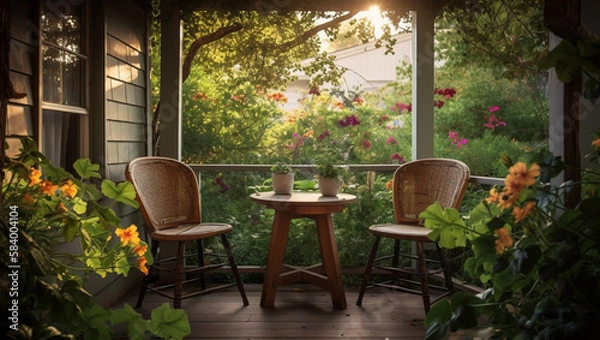 Fototapeta cozy porch with two wooden chairs and a round wooden table in the center, Generative AI