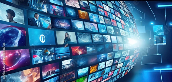 Obraz Digital contents concept. Social networking service. Streaming video. NFT. Non-fungible token. Wide angle visual for banners or advertisements.