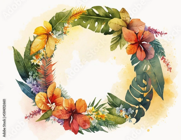 Obraz Watercolor tropical floral hawaiian garland as frame. Concept for Lei Dai, National Hawaii Day or Statehood Day. Generative AI