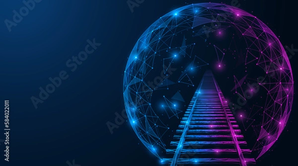 Fototapeta Railway track leading to the metaverse. Polygonal design of interconnected lines and points. Blue background.