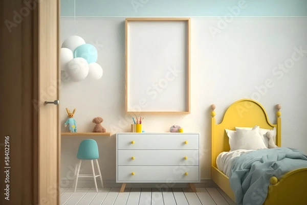 Fototapeta Blank Poster Frame Mockup in Modern Kid's Bedroom, 3D Render