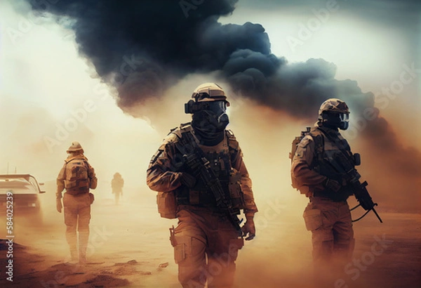 Fototapeta The concept of military units. soldiers with arms and Command Center between smoke in battle field. Generate Ai.