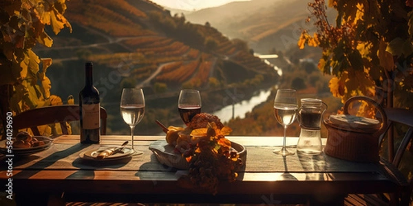 Obraz table with wine in restaurant with a view of the mountains 