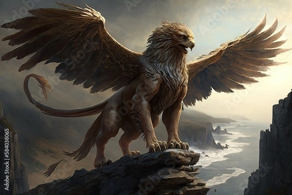 Obraz ancient griffin, soaring over distant landscape, with its wings spread wide, created with generative ai