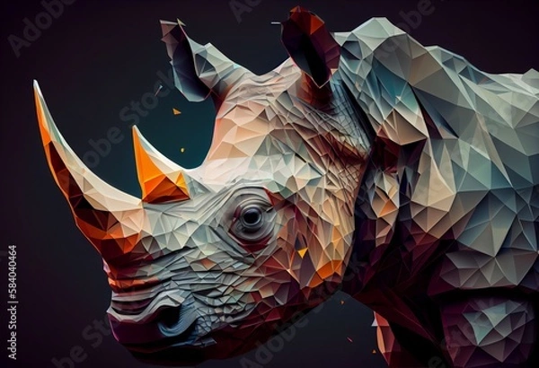 Fototapeta Portrait of a Rhinoceros in low polygon style, geometric design. Generative AI.