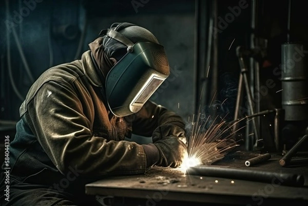 Fototapeta Worker or welder in the metallurgical industry performing welding in his workshop. AI generated, human enhanced.