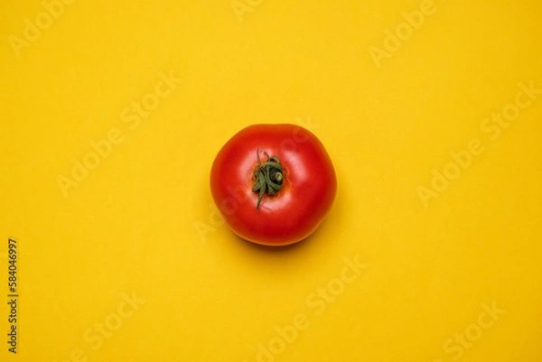 Fototapeta Red Tomato fresh organically grown on a yellow background. Cool minimal flat lay, copy space