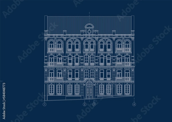 Fototapeta Fascade of the building in the Neo Renaissance, drawing