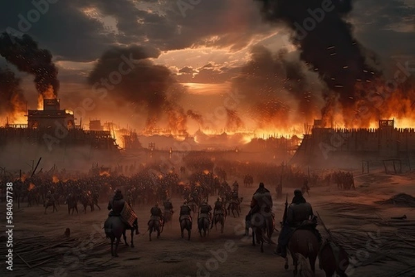 Fototapeta Genghis Khan and his Mongolian generals and warriors fighting under the city of Khorezm. Generative AI.