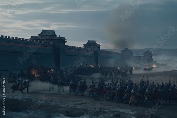 Fototapeta Genghis Khan and his Mongolian generals and warriors fighting under the city of Khorezm. Generative AI.