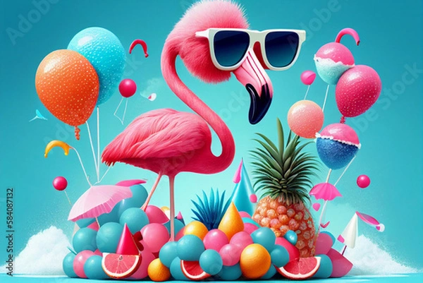 Fototapeta szczęśliwy flaming w okularach przeciwsłonecznych z lodami, słodkie owoce, palmy, urodziny, letnie wakacje, nastrój, świętowanie, święto, kolorowe, generatywne AI