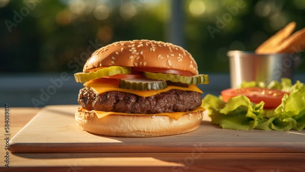 Fototapeta image of a hamburger and fries on a sunny day, Generative AI