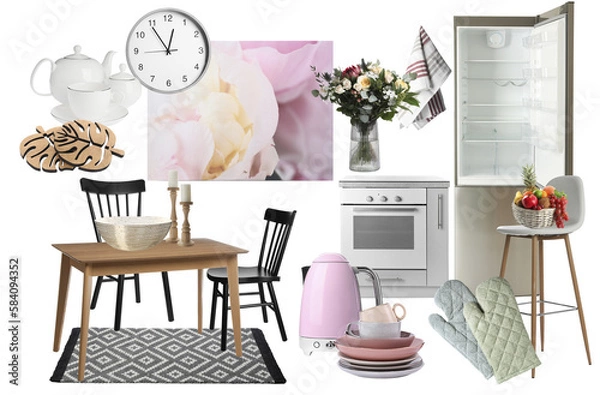 Fototapeta Kitchen interior design. Collage with different combinable furniture and decorative elements on white background