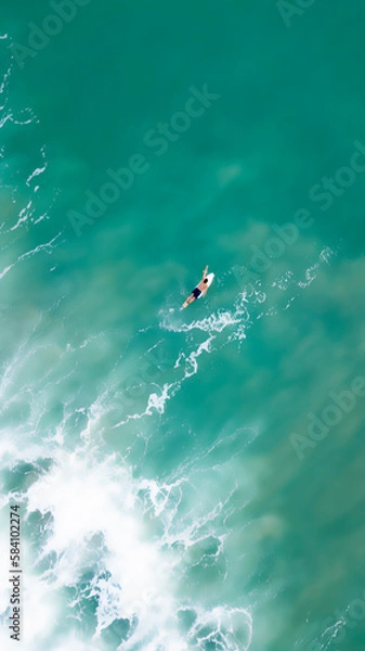 Fototapeta Aerial photography in Costa Rica, surfer alone int the ocean with big waves and amazing colors