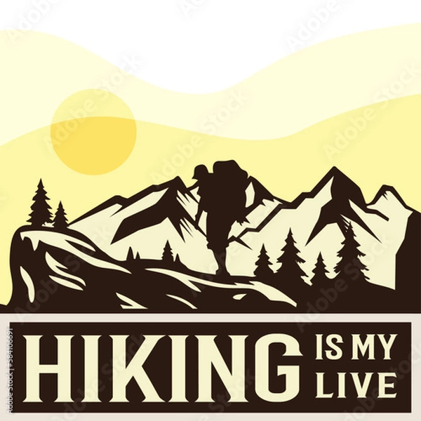 Fototapeta vector trekking tourist walking on mountain enjoying beautiful nature and mountain view in forest. camping in the mountains and traveling 