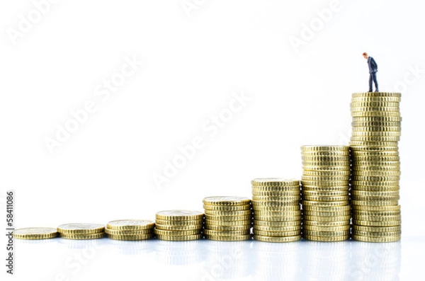 Fototapeta Mann auf Geldstapel