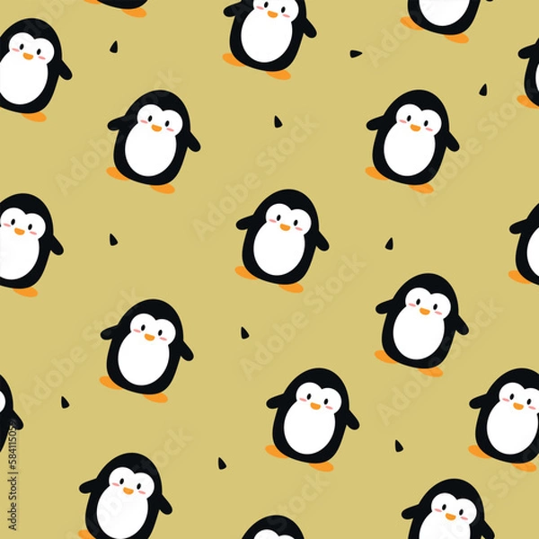Obraz Cute penguins seamless pattern. Penguins on a brown background. Postcard, poster, clothing, fabric, wrapping paper, textiles.