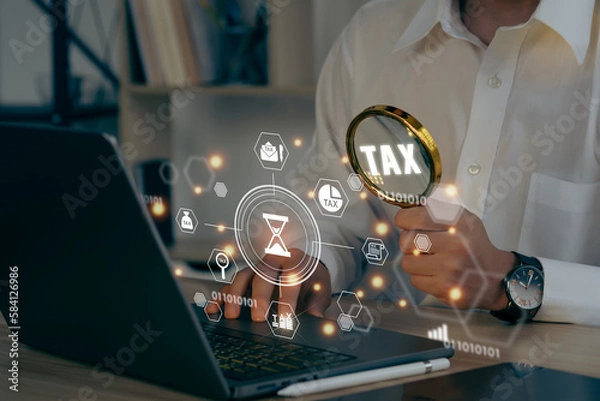 Obraz A businessman hands are cradling a complete Individual income tax return form online for tax payment. Government, state taxes. Data analysis, paperwork, financial research, report.