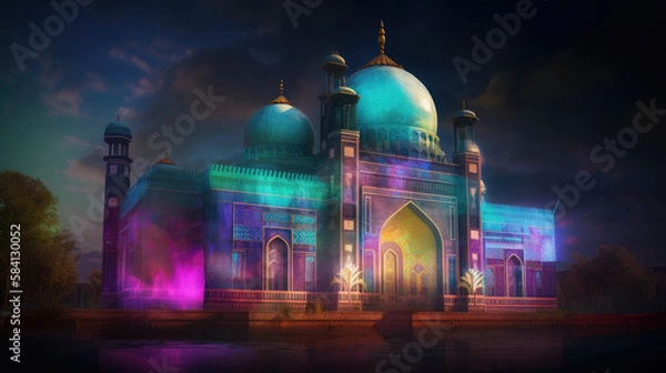 Fototapeta Modern watercolor painting of a colorful mosque, generative ai