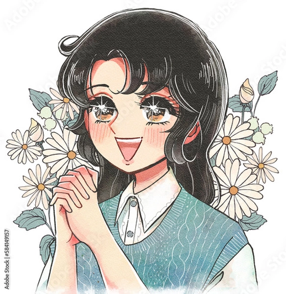 Obraz パァア…！花に囲まれて笑う、少女まんが風の女の子