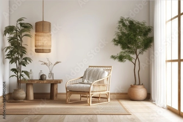 Fototapeta Japanese style living room. Minimalist room with bohemian armchair and empty wall mockup. Rattan and palm trees. Excellent. Generative AI