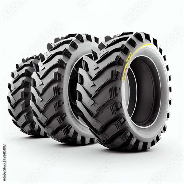 Fototapeta Set of four tractor tires for agricultural use, white background, Generative AI