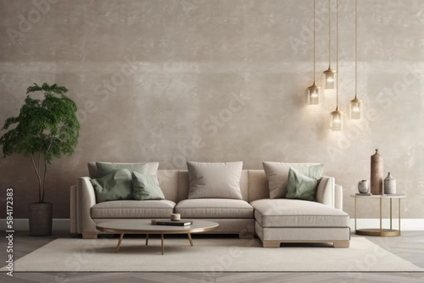 Fototapeta Sofa and decor in living room wall mockup. Generative AI