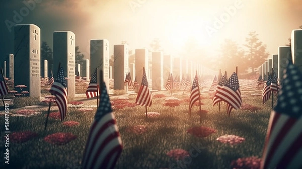 Fototapeta Memorial Day Flags in Grass, Patriotic American Background, Generative AI