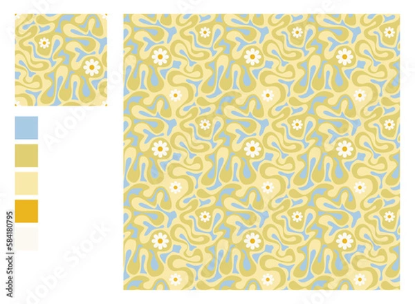 Obraz Seamless Wavy Swirl Retro Pattern Vector Image. Retro 70s Abstract Background.
