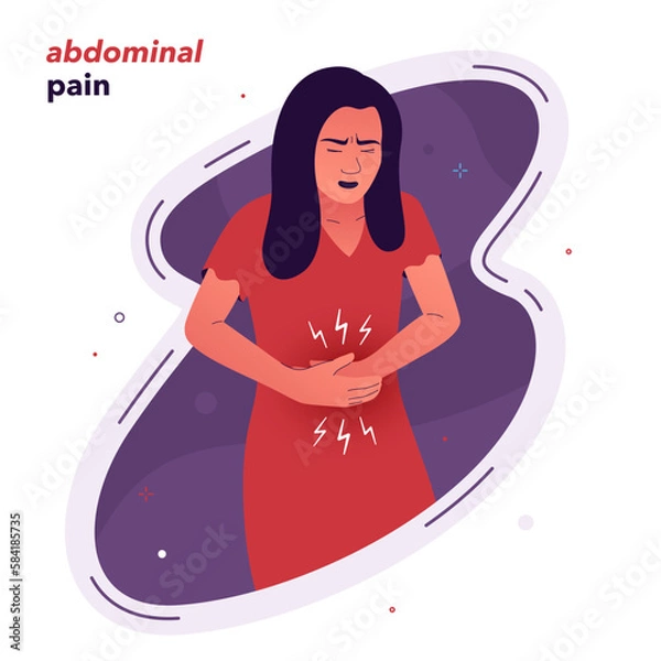 Fototapeta Vector illustration of a woman with acute abdominal pain, a symptom of appendicitis, pancreatitis, or a gallbladder attack. Concept for emergency medicine, surgery, and articles on sharp stomach pain